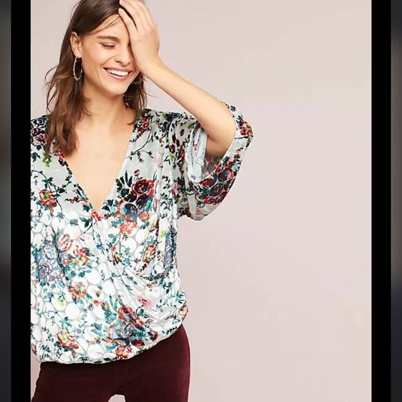 Anthropologie maeve Umi Wrap Top Floral Print Velvet Sz Xs - Picture 2 of 11